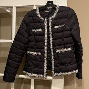 White House Black Market Black Puffer Jacket with Pearl and Tweed Accents